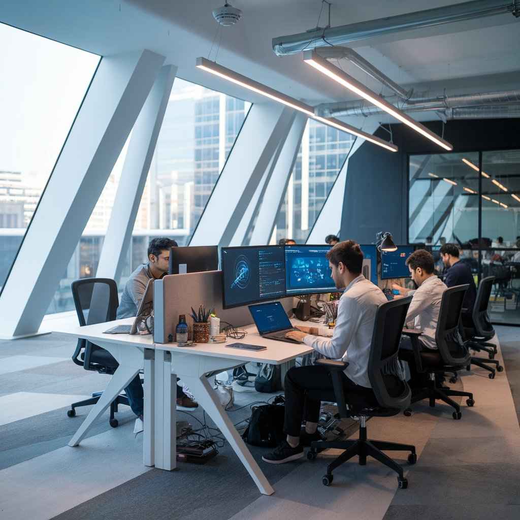 Developers at a long desk with laptops and monitors showing network visualisations in a bright open-plan office
