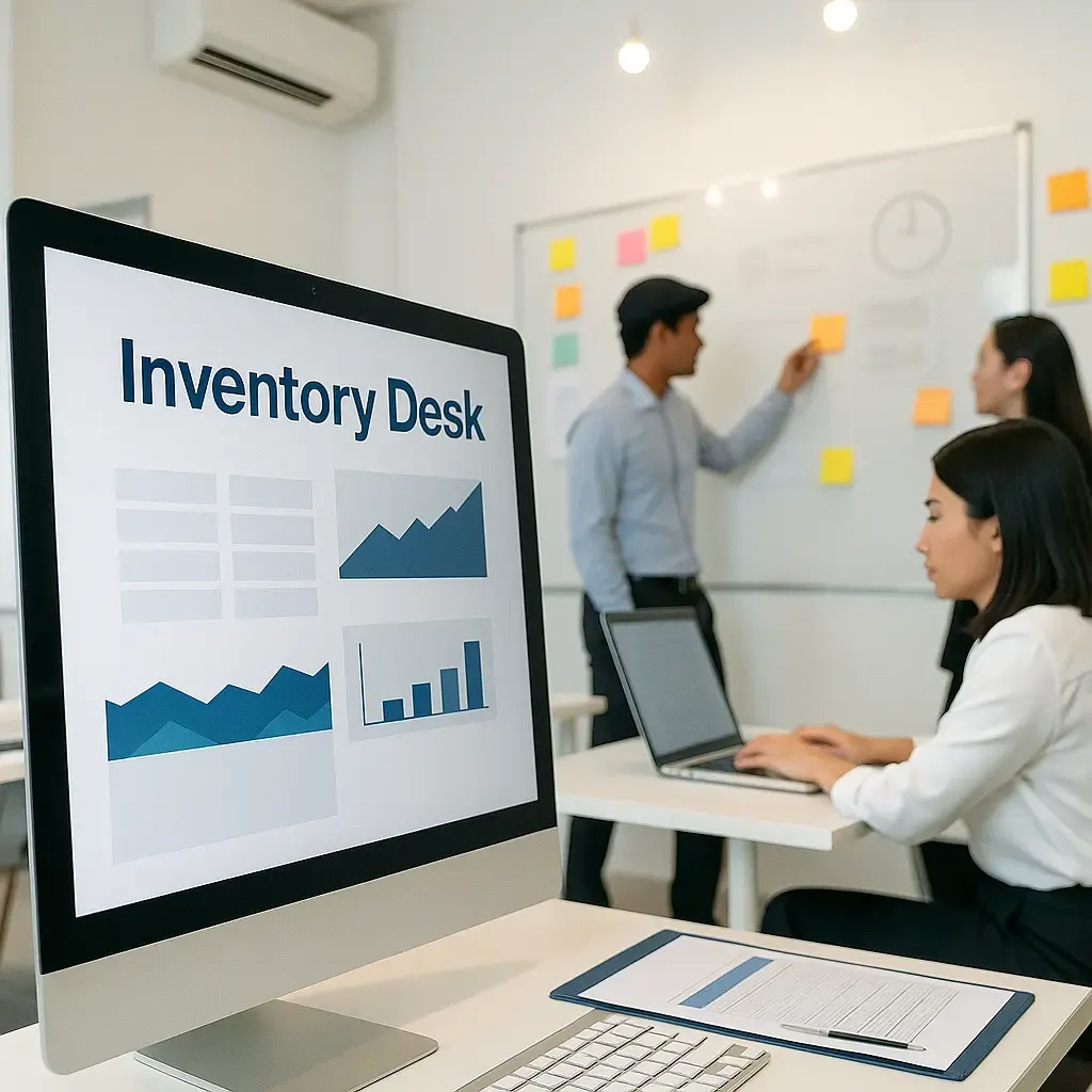 Illustration of connected ERP modules for inventory, finance, HR and sales on one dashboard