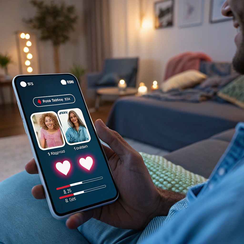 A person on a sofa holding a smartphone that shows two profile photos with heart buttons and compatibility bars