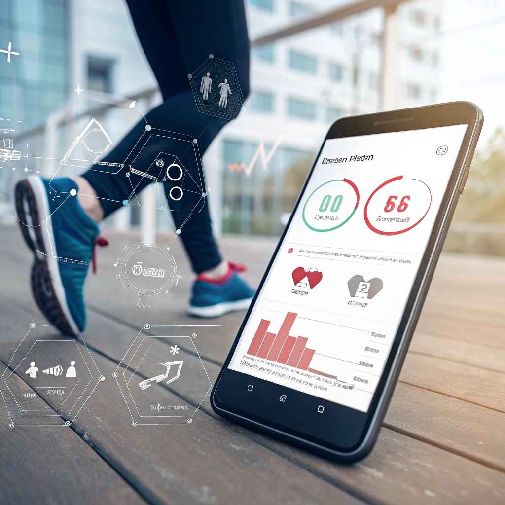 A runner's legs and trainers on a wooden walkway beside a smartphone showing activity rings, a heart icon and a progress bar chart