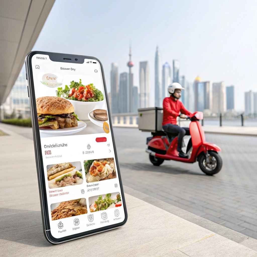 A smartphone showing a food ordering app with burger and salad photos, and a rider in a red jacket on a red scooter with a delivery box behind it