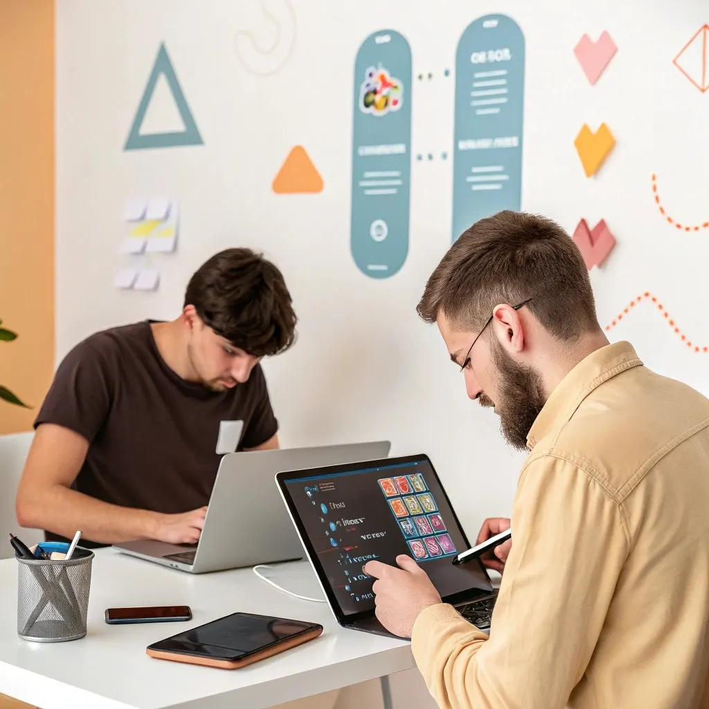 Two game designers working on laptops at a shared desk, one editing a grid of card-style game assets, with a phone and tablet on the table