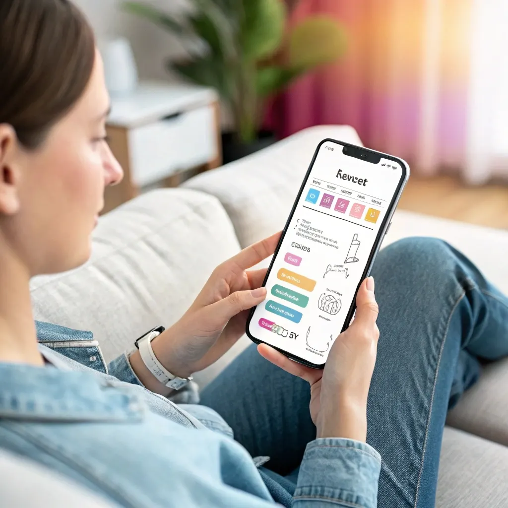 Woman on a sofa holding a smartphone that shows a colourful mobile app