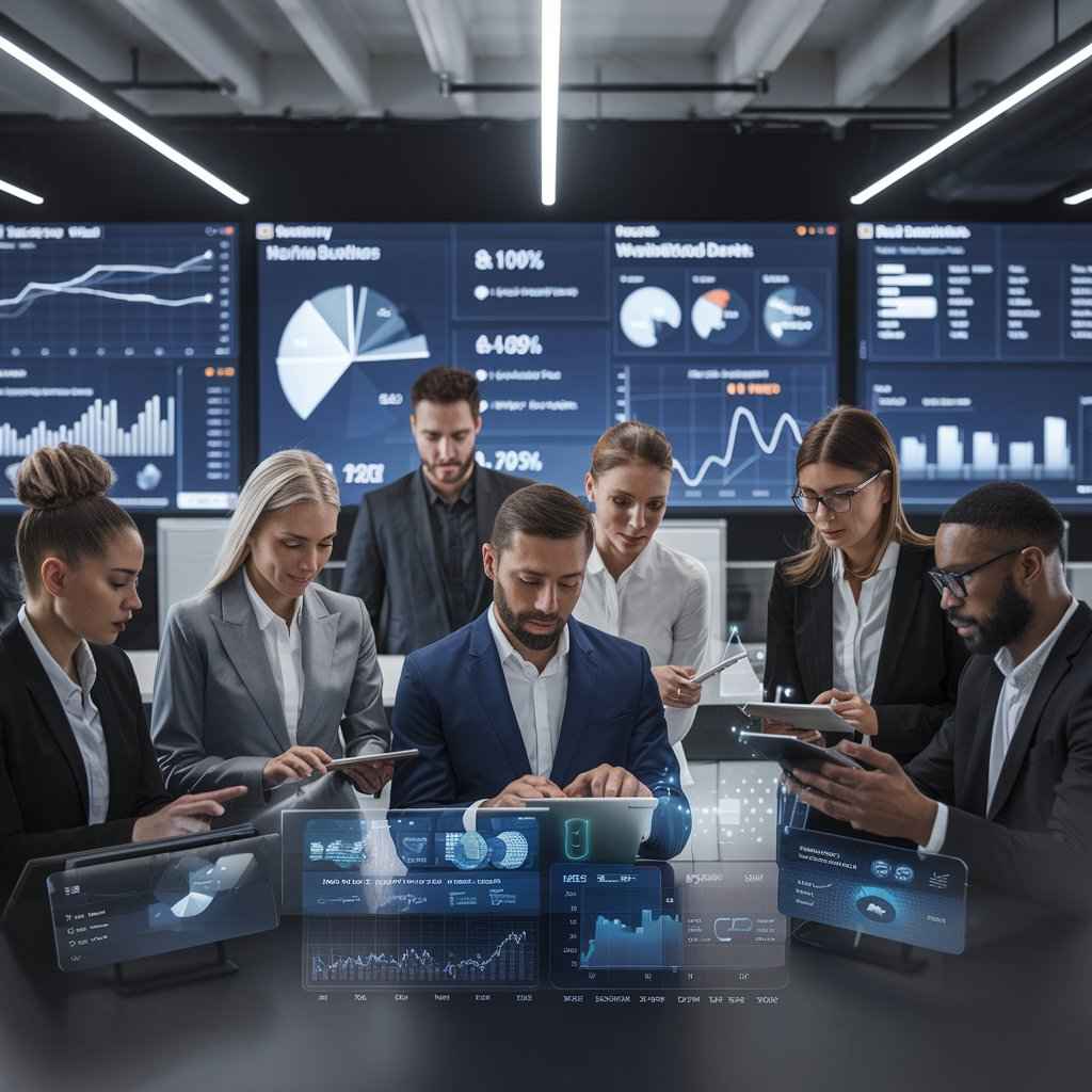 Team of professionals reviewing analytics dashboards on large wall screens and transparent tablets