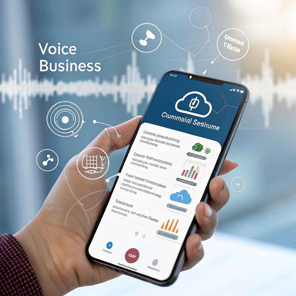 A hand holding a smartphone whose screen shows a cloud icon and report cards with charts, with a sound-wave graphic and the words Voice Business behind it