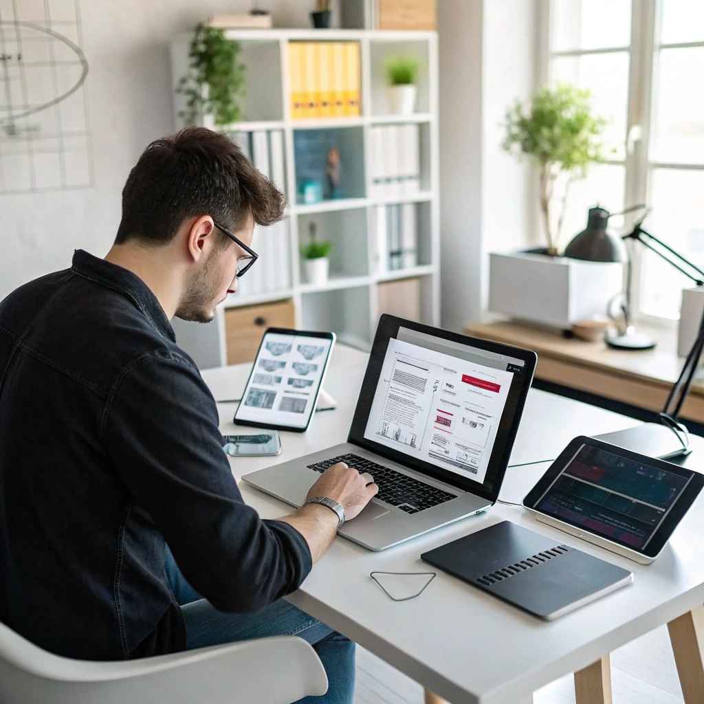 Web designer at a laptop with a tablet and a phone showing page layouts beside it, in a bright office with shelves of files