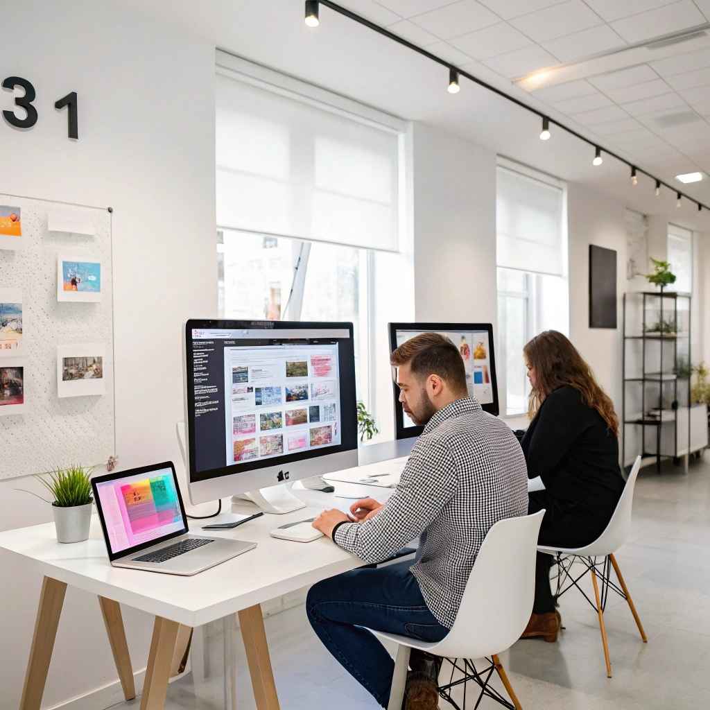 Two colleagues at desktop computers in a bright open office, one screen showing a grid of images