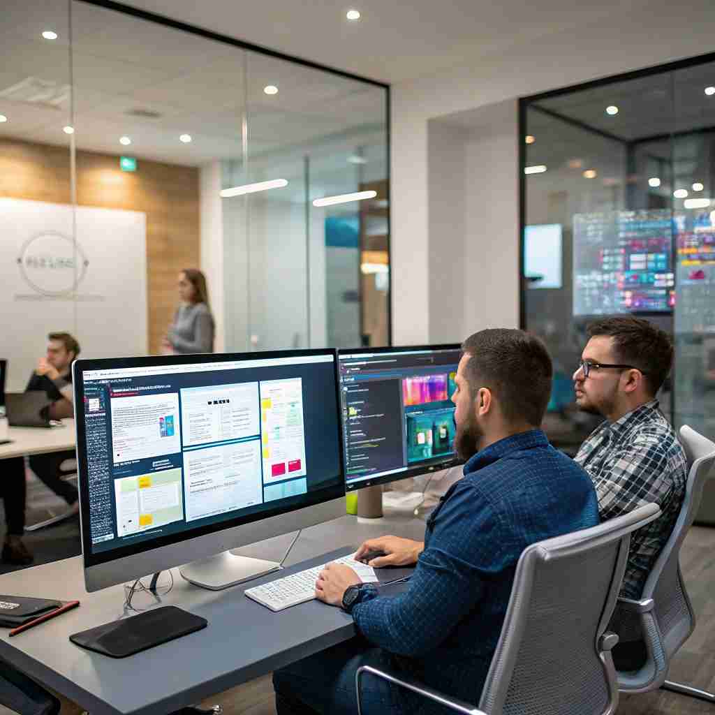 Two web professionals at large monitors reviewing page wireframes and code in a glass-walled office