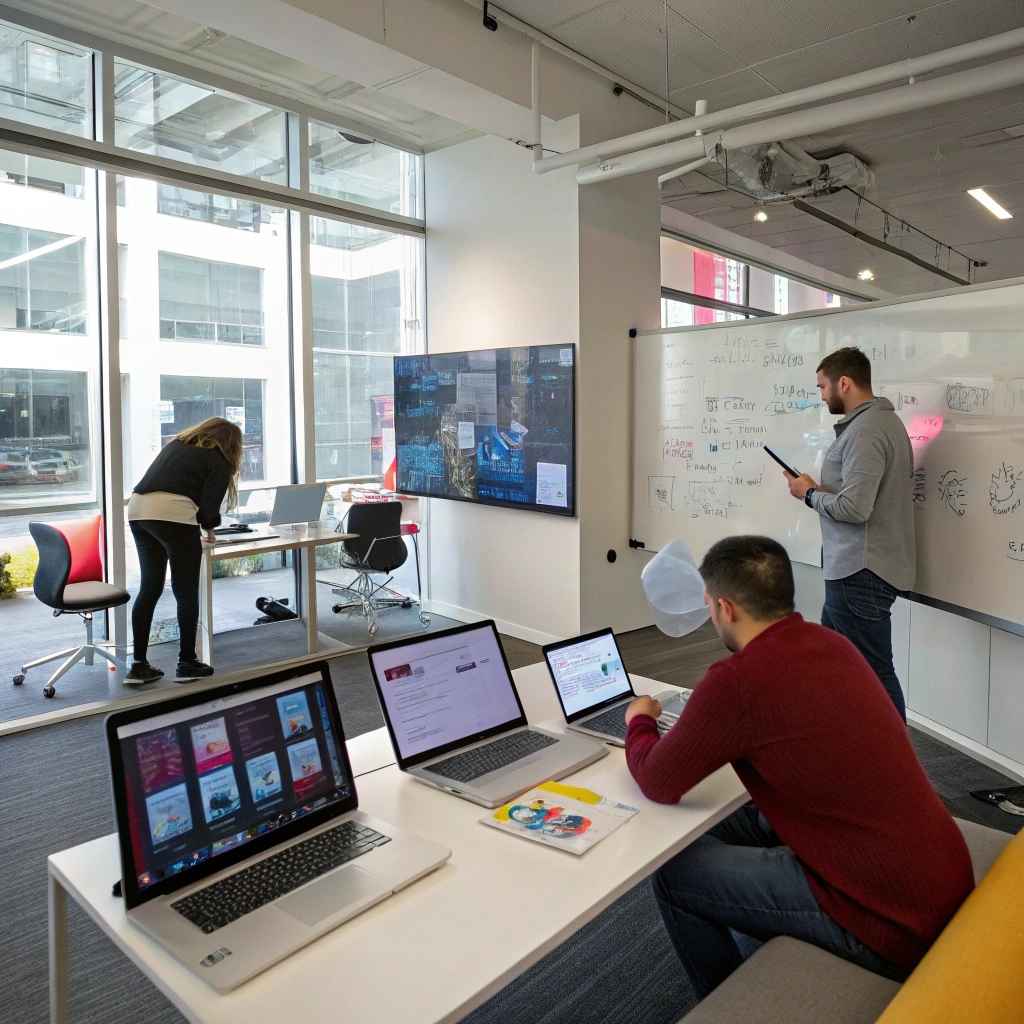 Team in a bright studio office with laptops showing page designs and a whiteboard of sketches