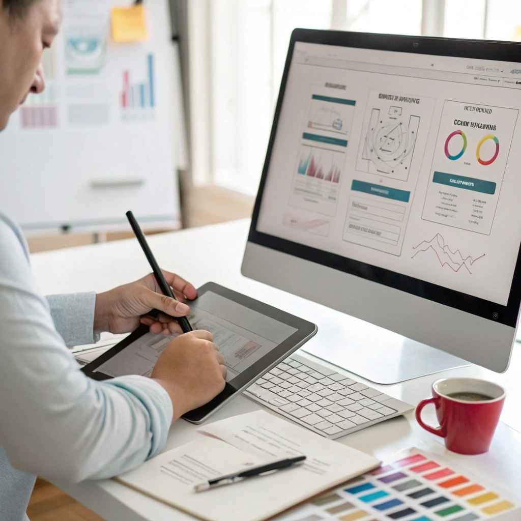 Designer sketching a page layout on a tablet with a stylus beside a monitor showing wireframes, with colour swatches on the desk