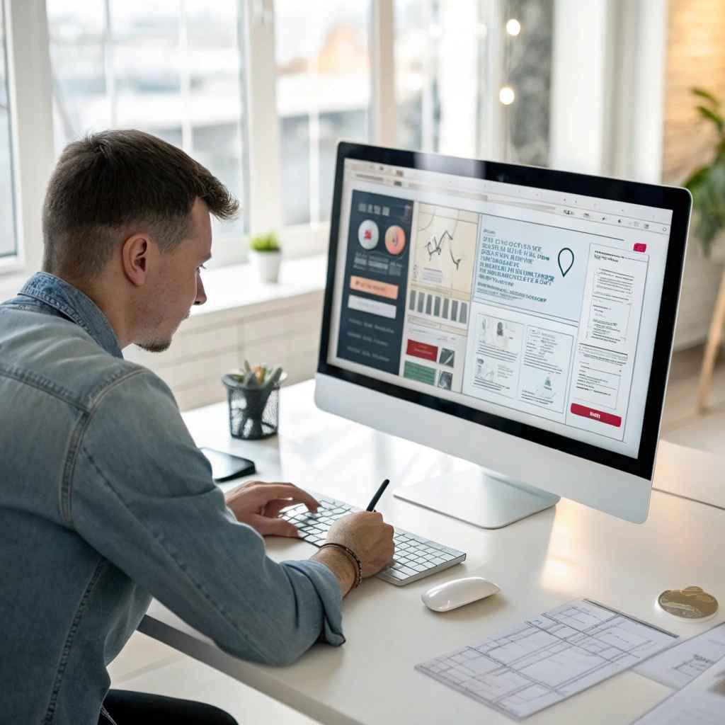 Designer at a desktop computer reviewing page layouts, with printed plans on the desk beside the keyboard