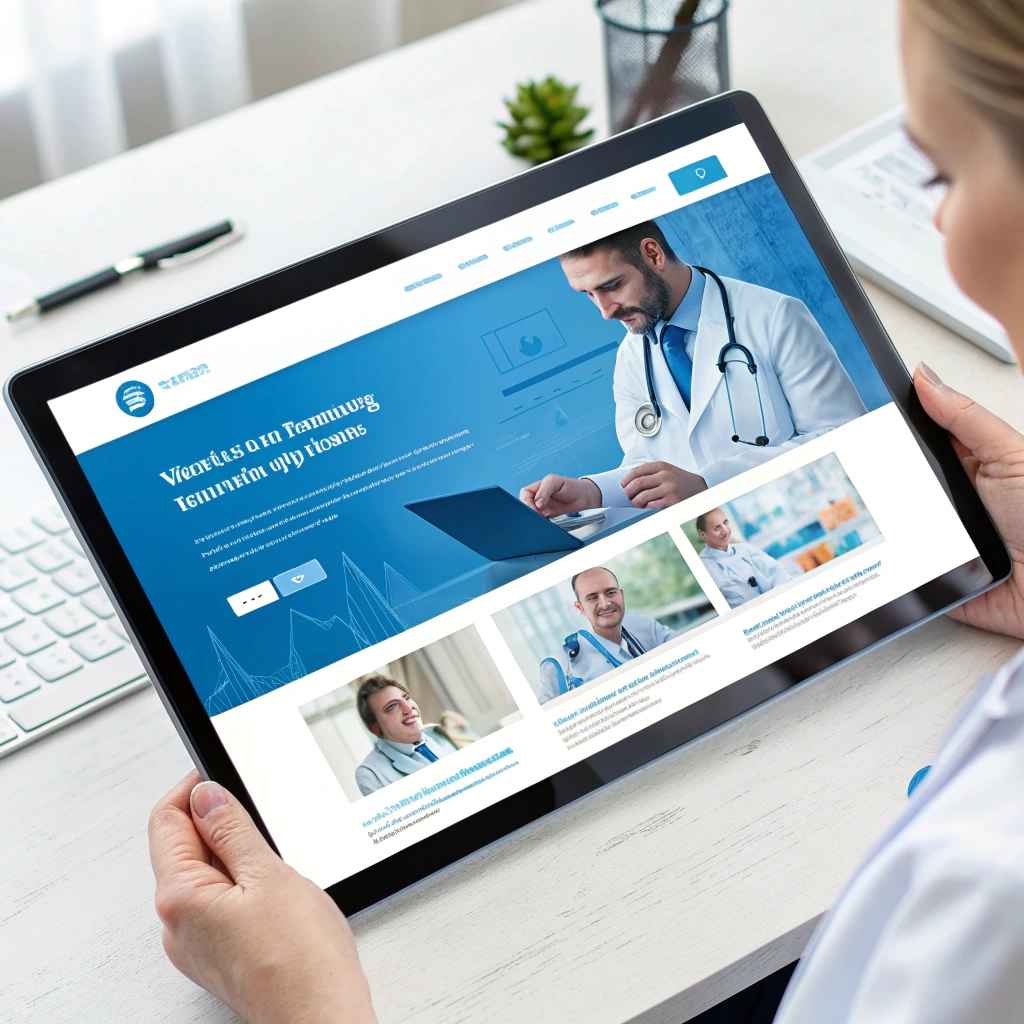 A person holding a tablet that shows a clinic website with a doctor in a white coat and stethoscope at a laptop and two smaller staff photos