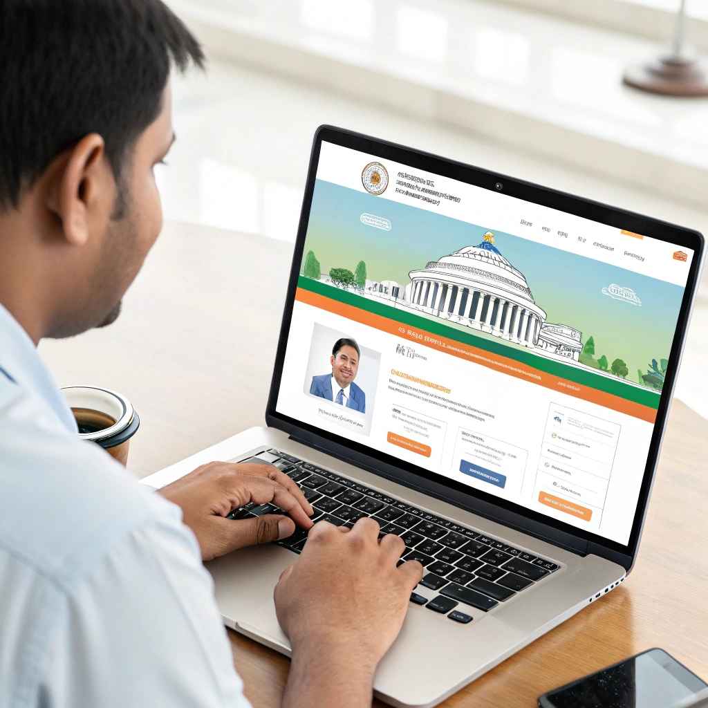 Man typing on a laptop that shows a mock government portal with an illustrated domed building and a saffron and green banner