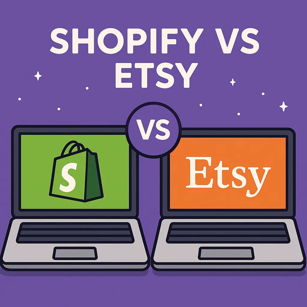 Two laptops side by side under the heading Shopify vs Etsy, one screen showing the Shopify logo on green and the other the Etsy logo on orange