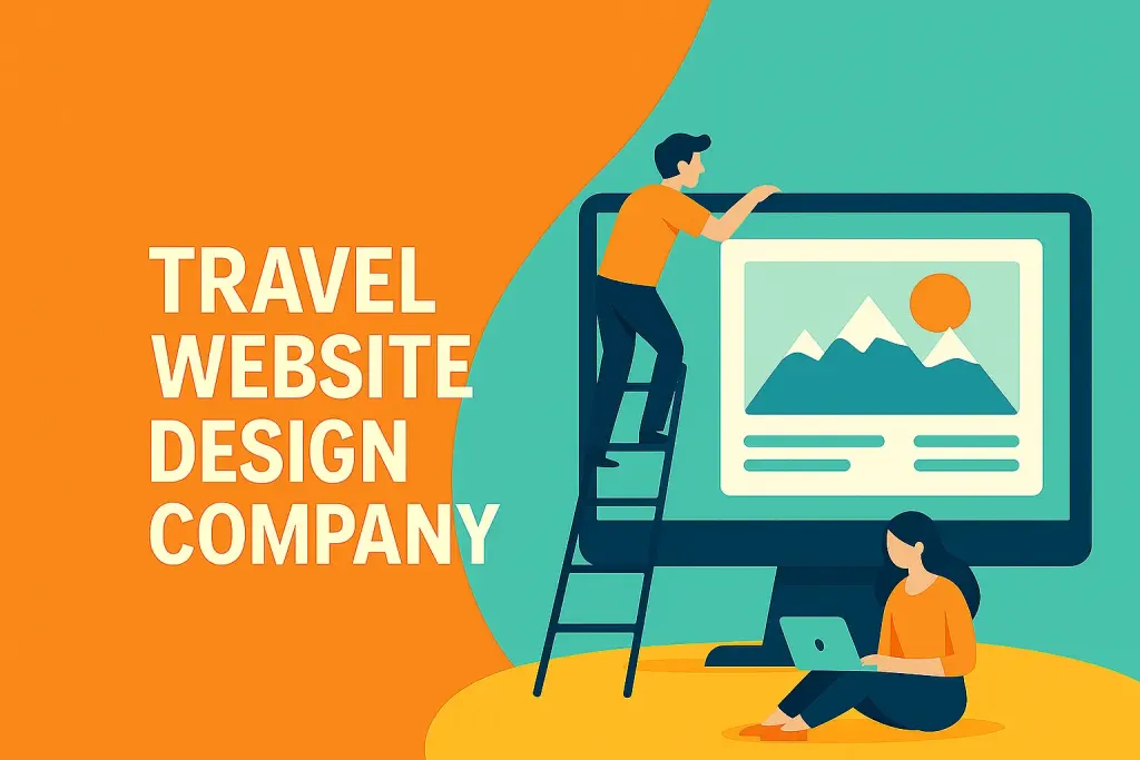 Illustration of a designer on a ladder placing a mountain landscape on a large monitor while a colleague works on a laptop, beside the words Travel Website Design Company