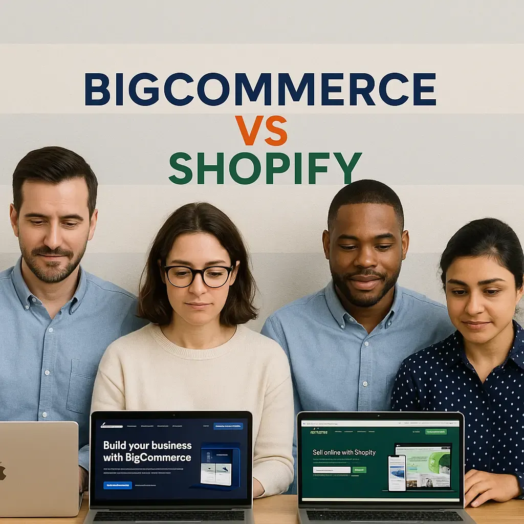 Four people at laptops showing the BigCommerce and Shopify home pages, under the heading BigCommerce vs Shopify