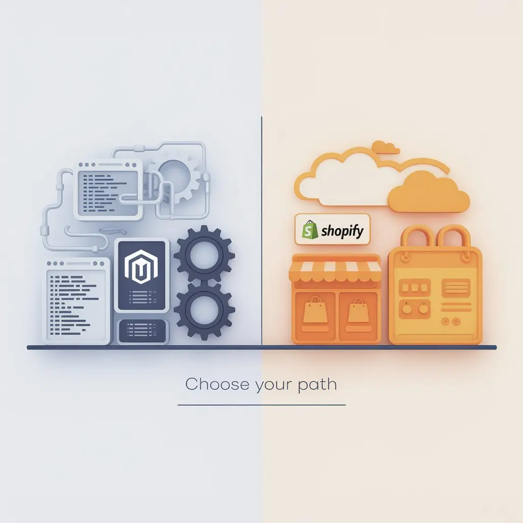 Two storefront dashboards side by side representing the Magento and Shopify admin experience