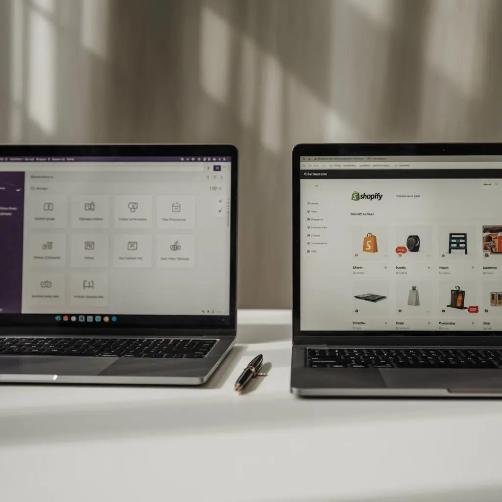Two laptops on a desk, one showing a grid of app icons and the other a Shopify product catalogue