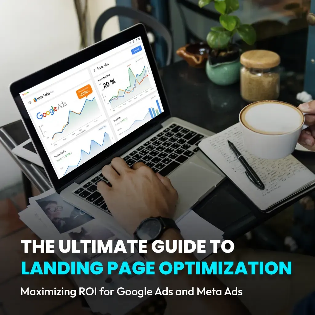 Laptop with illustrated Google Ads and Meta Ads dashboards beside a notebook and coffee