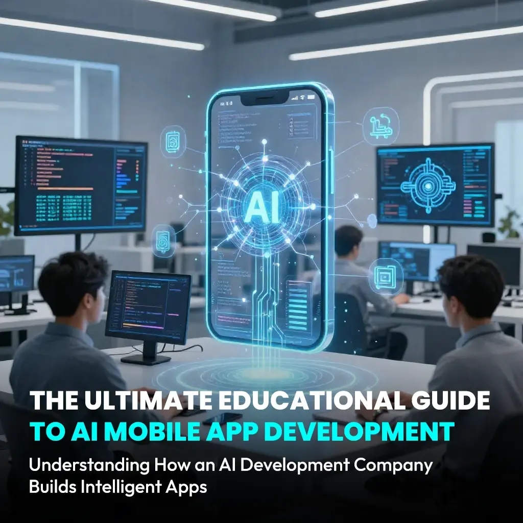 Illustrated AI-enabled smartphone between developers and code displays