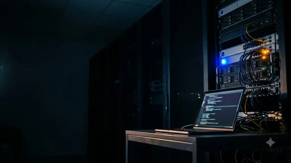 A laptop on a desk in front of a server rack lit by blue and amber status lights in a dark server room