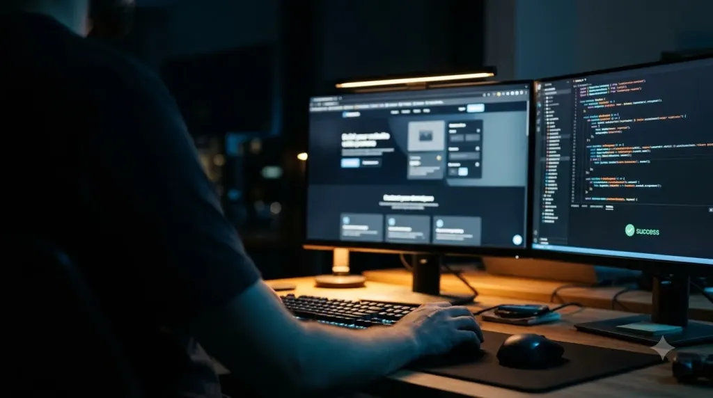 A developer at a desk at night testing a website on one monitor with its code on the other