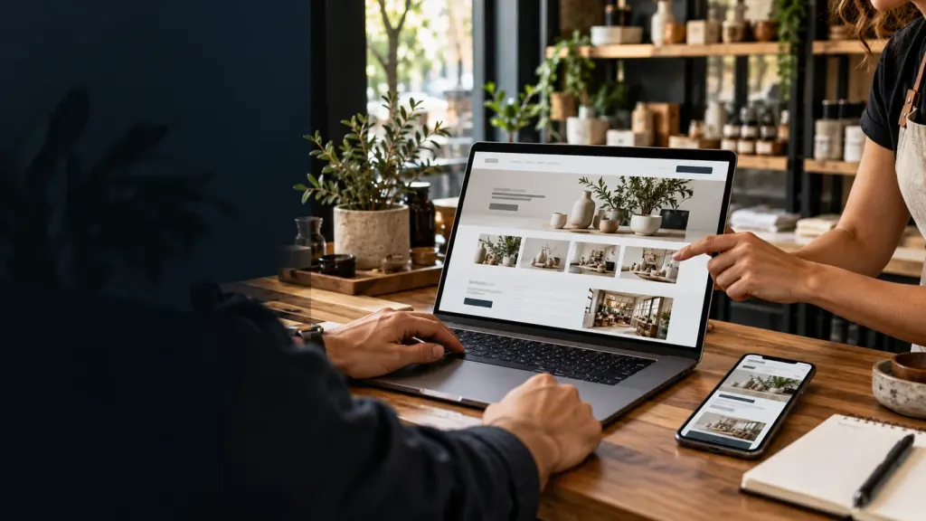 A small business website shown on a laptop and phone at a shop counter