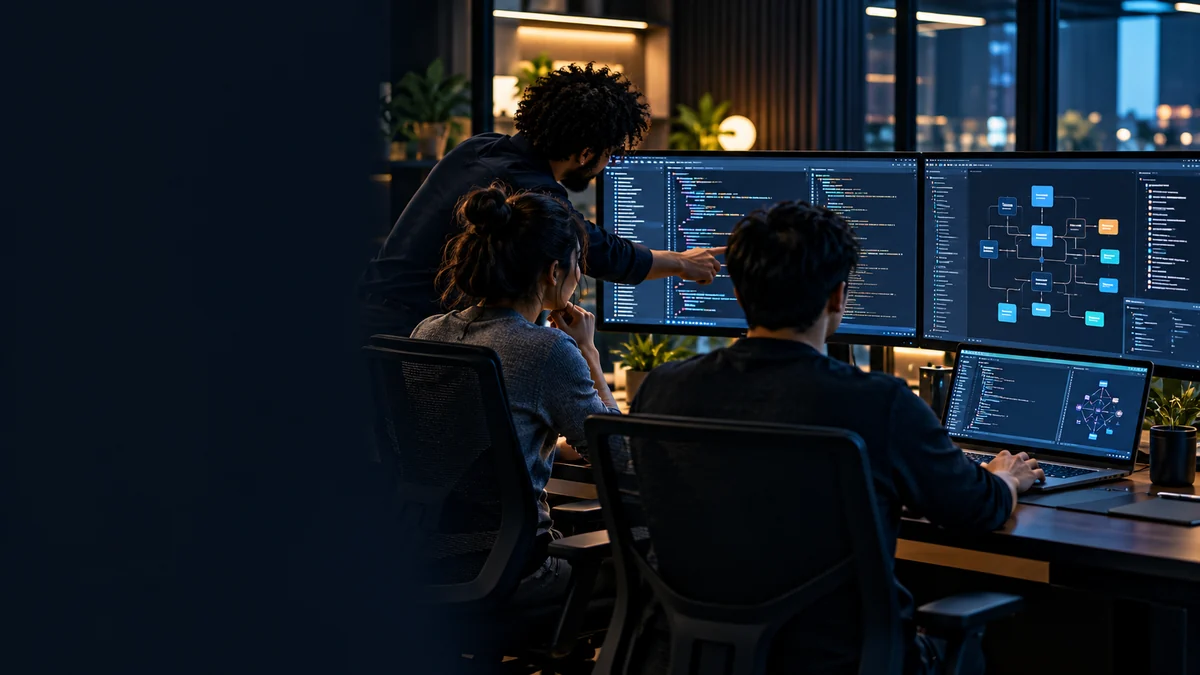 Three software engineers reviewing code and an architecture diagram on large monitors