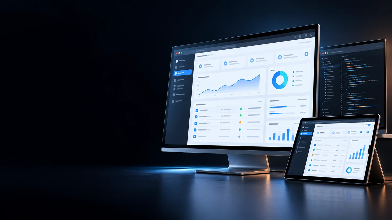 Een zakelijke webapplicatie in de browser, een ontwikkelomgeving en een responsieve tabletinterface.