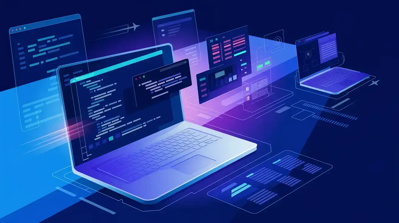 A laptop surrounded by code and interface panels
