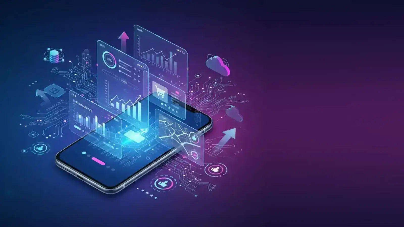 An Android phone surrounded by app dashboards, payment and analytics screens